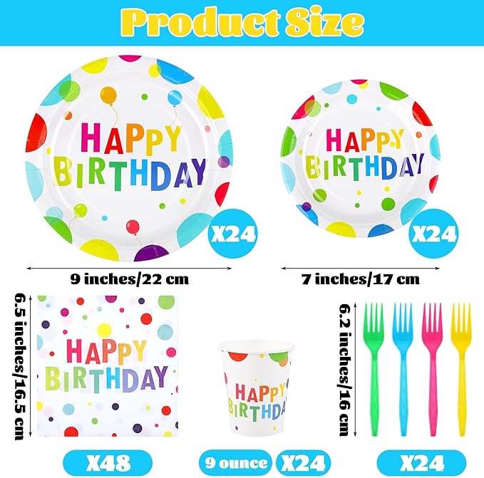 Kochorie 144 Pieces Happy Birthday Print Party Decorations Including Disposable Plates Napkins Cups Forks Tableware Sets Serves 24 for Birthday Party Supplies