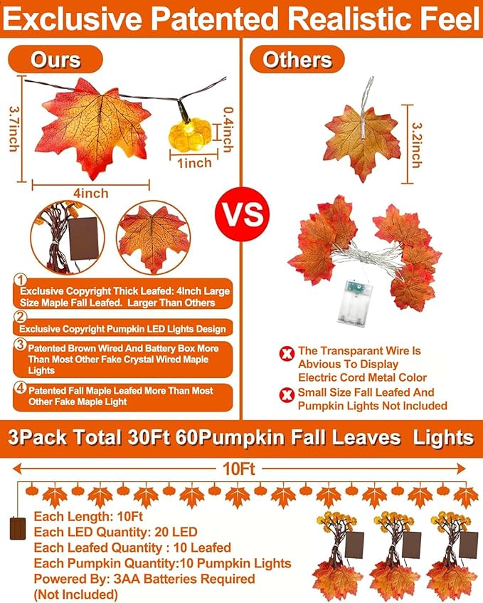 3Pack&Timer-Fall Decor Fall Garland with Pumpkin Lights Fall Decorations for Home, 30Ft 60LED Garland Lights Patented Enlarged Maples Leaf Battery Operated Indoor Outdoor Thanksgiving Halloween Decor