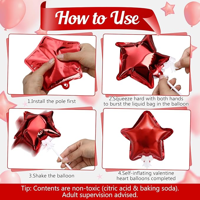 30 Pcs Star Self Inflatable Balloons with Bow Stems Star Foil Balloons Mini Pentagram Decoration for Patriotic Independence Day Graduation Birthday Baby Shower Anniversary(Red,6 Inches)