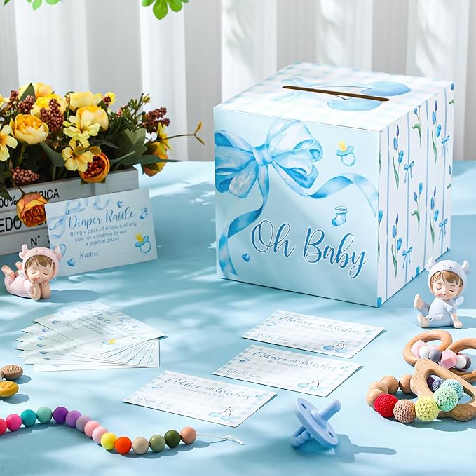 Funrous 51 Diaper Raffle Tickets with Box for Baby Shower Game Invitations Diaper Raffle Card for Gender Reveal Baby Shower Party Decoration Table Centerpiece(Blue Color)