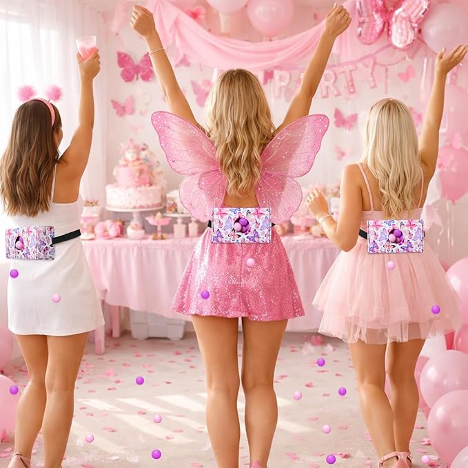 4 Sets Spring Party Games Pink Purple Butterfly Shake Box, 4 Adjustable Belts and 80 Balls, Swing Shaking Balls Set for Adults Tea Garden Outdoor Indoor Group Party Game