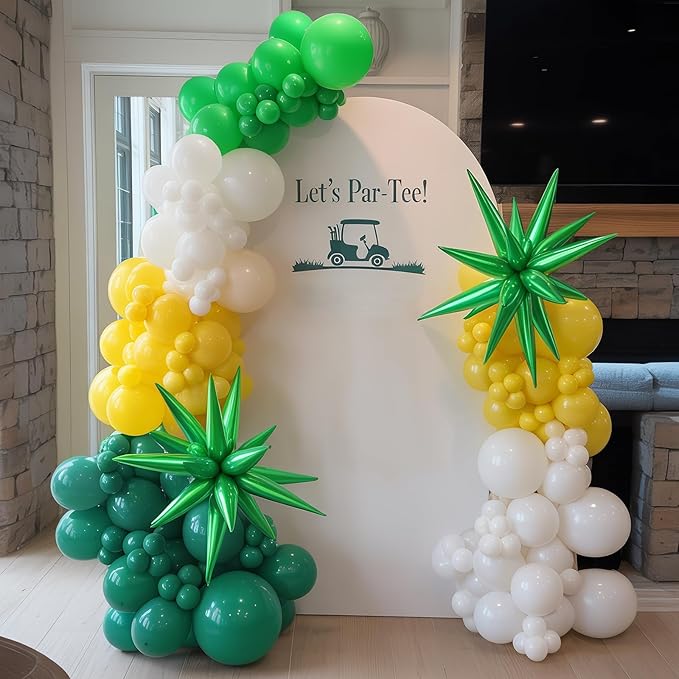 Green Yellow White Balloon Arch Garland Kit, Golf Hole In One Birthday Decorations with Foil Star Balloons for Golf First Birthday Lets Par-tee Sports Themed Party Retirement Decorations Supplies