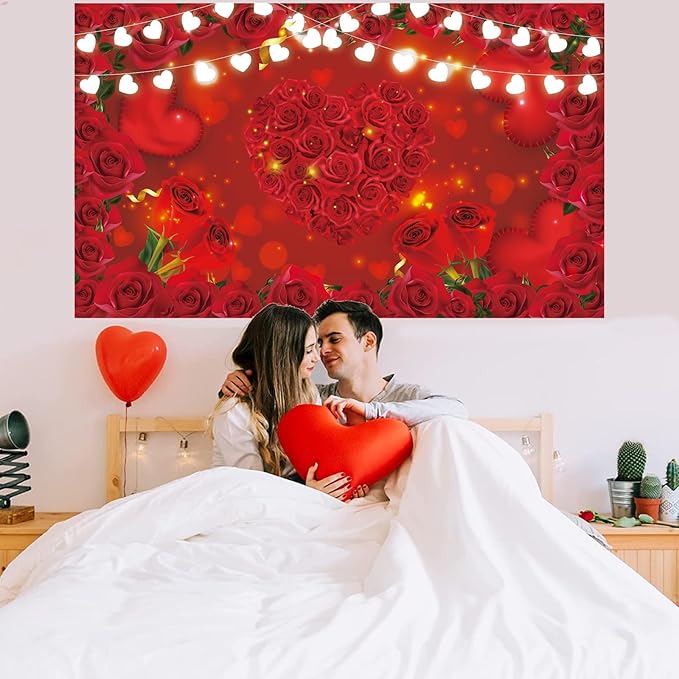 Red Rose Flowers Backdrop Floral Heart Light Photography Background Hanging Banner Decoration for Wedding Anniversary Mother's Birthday Party Supplies 72.8 * 43.3in