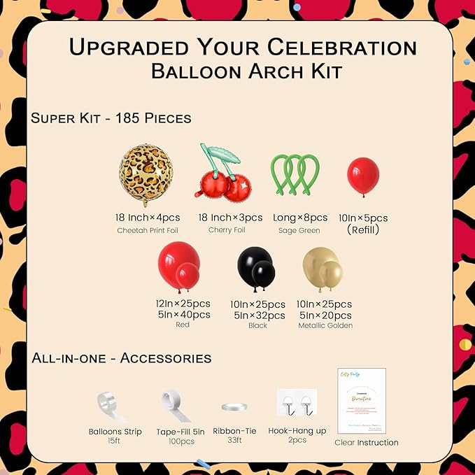 Cheetah Print Balloon Arch Kit,185pcs Red Black Gold Metallic Balloons, with Foil Cherry Cheetah Balloons for Cheetah Birthday Decorations, Bachelorette, Vintage Cherry Theme Party Decorations