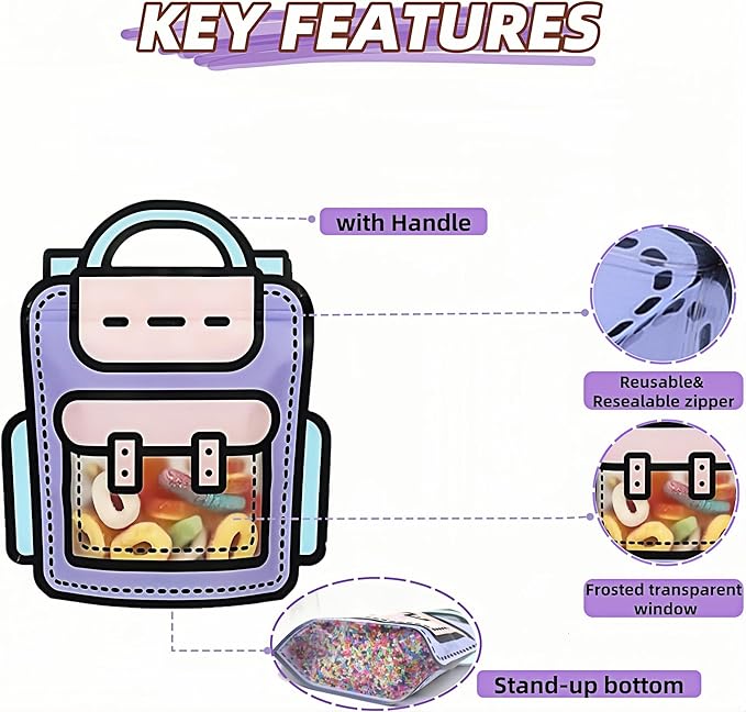 PABCK 20 Pack Plastic Gift Bags Cartoon Goodie Bags 7.09x8.27 inch Backpack-shaped Candy Snack Packaging Bag with Handle Resealable Treats Birthday Party Favor Stand Up (10 Purple and 10 Orange)