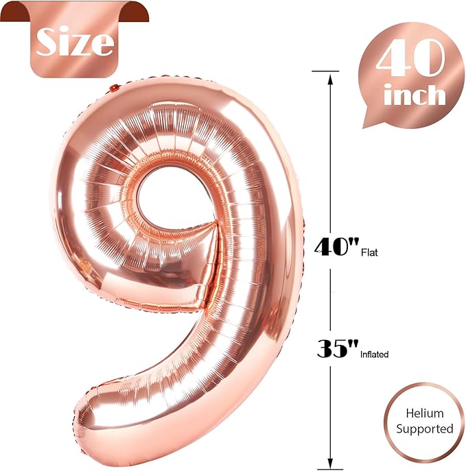 Rose Gold Number 9 Balloon 40 Inch, 9 Balloon Number, 9th Birthday Decorations, Rose Gold Party Supplies for Boys Girls