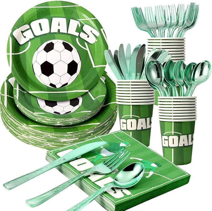 175 Piece Soccer Themed Disposable Plate Set for 25 Guests Party Supplies, Soccer Party Plates, Napkins, Cups, Knives, Forks and Spoons for Boys Game Day Decorations