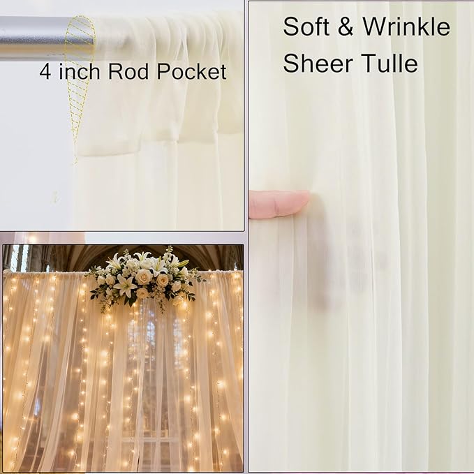 Ivory Tulle Backdrop Curtain with Lights Strings, Elegant Sheer Photo Backdrop Drapes 2 Panels, Soft Fabric Curtain for Weddings Brithday Baby Shower Parties Photography Background Decor,10ftx8ft