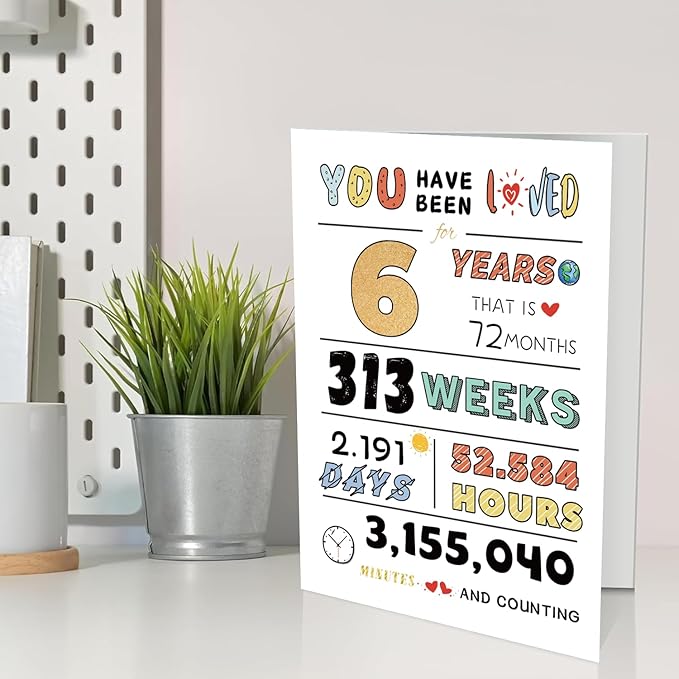 Cute 6th Birthday Card for Girls Boys, Ideal 6th Birthday Gift from Mom Dad, Six Years Old Birthday Card Gift For Son Daughter Children, Unique 6th Birthday Decorations for Grandson Granddaughter