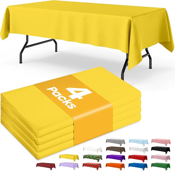 Yellow Plastic Table Cloth - 4 Pack 54" × 108" Rectangle Disposable Tablecloths for 6FT Tables, Table Cover for Easter Party, Holiday & Gathering Use