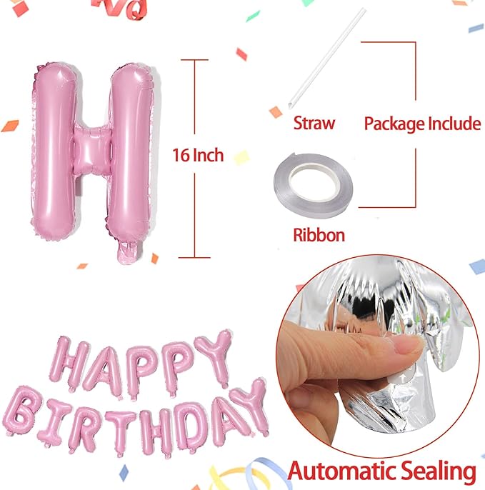 KALOR Pink Happy Birthday Balloons Banner, 16 Inch Mylar Foil Letters Balloon Sign for Birthday Party Decorations Photo Booth Backdrop