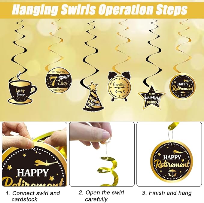 Happy Retirement Party Decorations Men Women, Black and Gold Retirement Party Decorations, Happy Banner, Backdrop, Hanging Swirls, Honeycomb Centerpiece