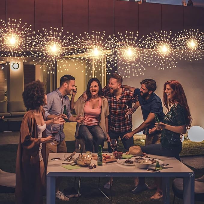 4 Pack 800 LED Solar Starburst Sphere Lights,Firework Light Remote Control Timer 8 Modes Dimmable, Waterproof Hanging Sparkly Fairy Light for Patio Party Tent Halloween Christmas Decor (Warm White)