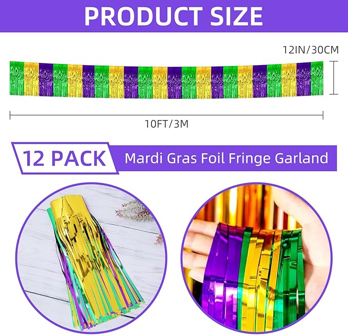 12 Pack 10 Feet Metallic Foil Fringe Garland Tinsel Streamers Banner, Gold Green Purple Wall Hanging Tinsel Fringe Banners for Parade Floats, Wedding, Birthday, Mardi Gras Party Decorations