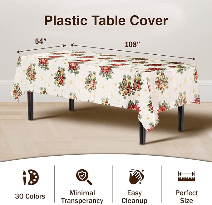 Exquisite 12-Pack Premium Plastic Tablecloth 54in. x 108in. Rectangle - Holiday Design
