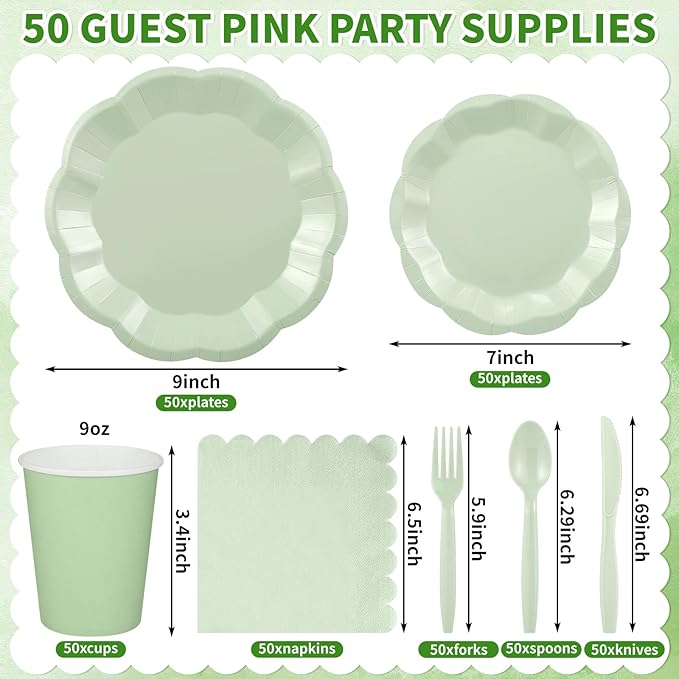 350 Pcs Sage Green Party Paper Plates and Napkins Set Include 9" Easter Plates & 7" Dessert Plate Disposable Scalloped Tableware Serve 50 Guest for Wedding Baby Shower Bridal Shower Birthday