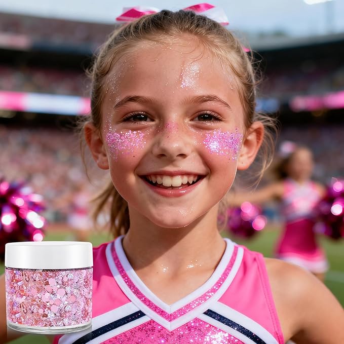 Pnk Face Hair Glitter,Cheer Holographic Pink Body Glitter,Rave Music Festival Singer Concert Outfit for Women,Pink Out Accessories for Spirit Week,Halloween Cosplay Shimmer Makeup