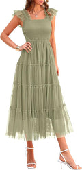 PRETTYGARDEN Women's Summer Tulle Midi Dress Sleeveless Smocked Ruffle Flowy Mesh Dresses Party Wedding Guest Sundress