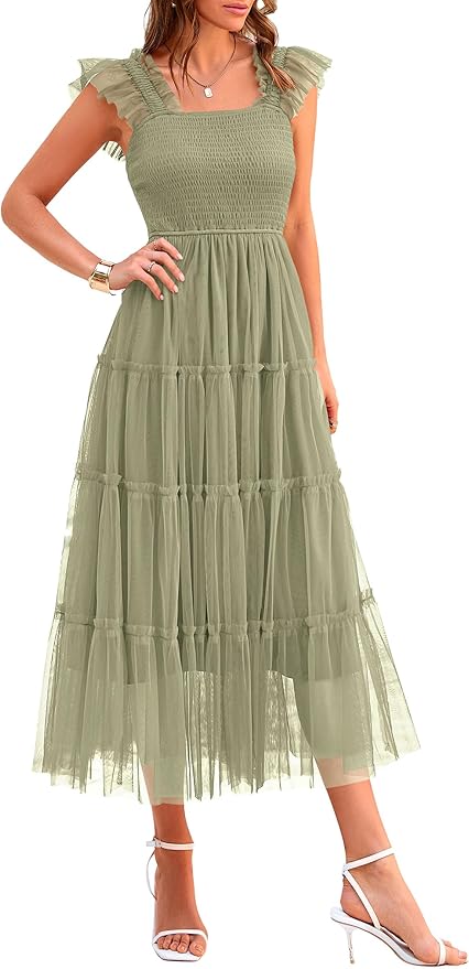 PRETTYGARDEN Women's Summer Tulle Midi Dress Sleeveless Smocked Ruffle Flowy Mesh Dresses Party Wedding Guest Sundress