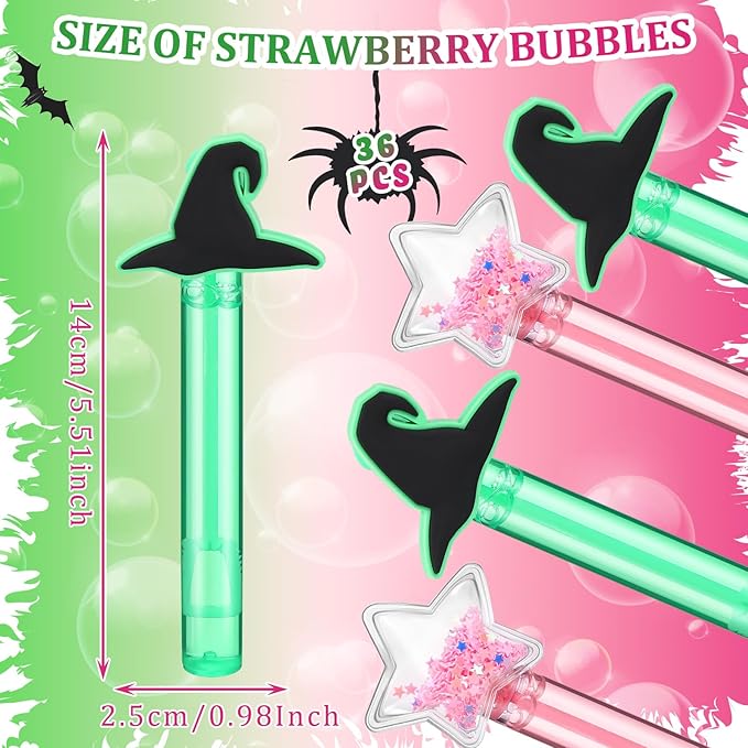36 Pcs Witch Party Favors Witch Hat and Star Bubble Wands Pink and Green Bubble Wands for Summer Outdoor Goodie Bags Stuffers Carnival Prizes Birthday Treats