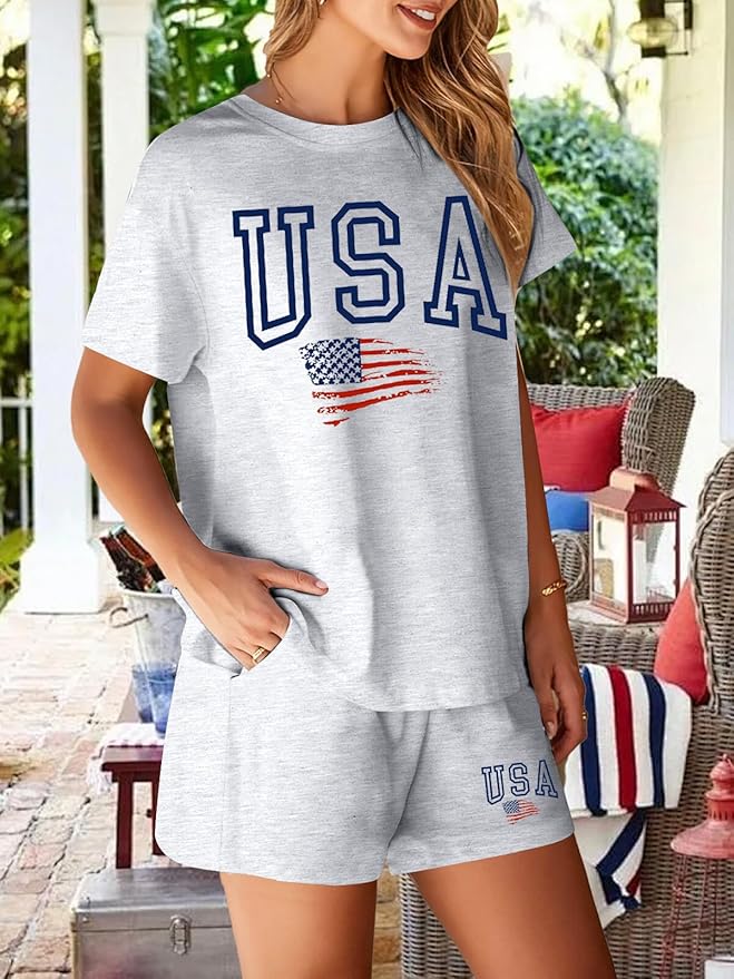 VILOVE 4th of July 2 Piece Sequin Outfits Women 250 Anniversary Usa Shirts and Short Sets Casual Patriotic Shirt Summer Set