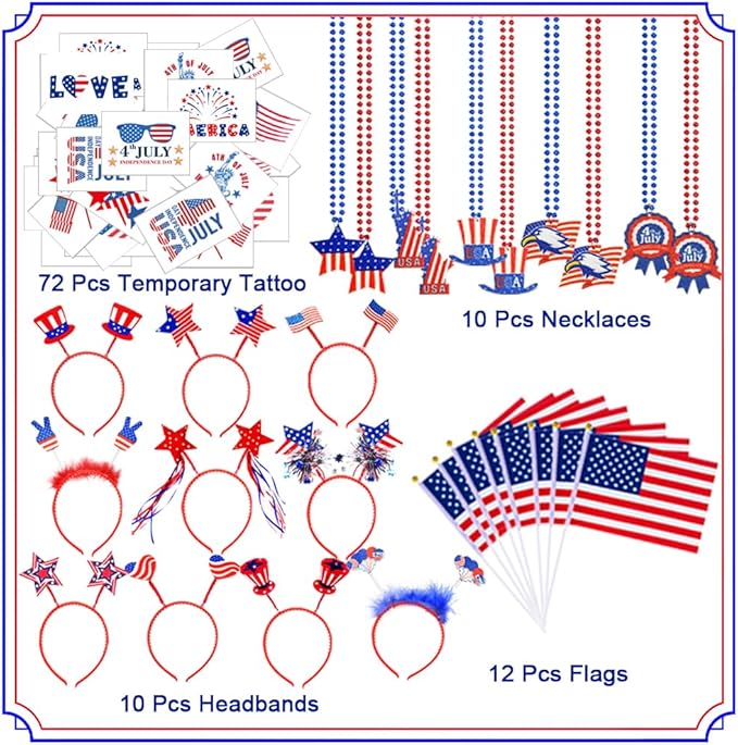 UMEELR 104 Pcs Patriotic Party Supplies, 4th of July Accessories with Necklaces Headbands Flags Tattoo Stickers for Independence Day Celebration Decorations