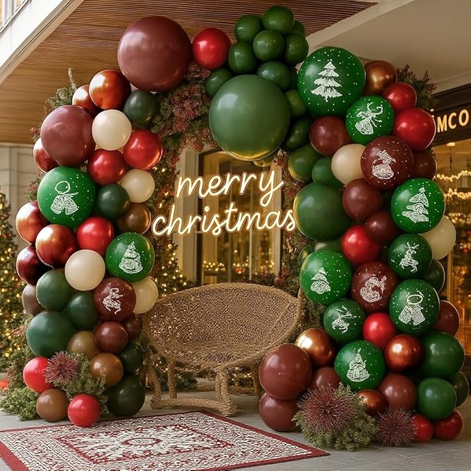 Retro Christmas Decorations Balloon Arch, Ruby Red Green White Balloon Garland with Bell Deer Print Metallic Bronze Gold Balloons Deer Foil Mylar Balloons for Xmas New Year Winter Festive Party Decor