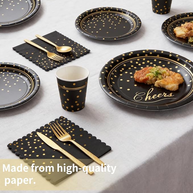 Black Gold Paper Plates and Napkins Party Supplies for 24 Guests, 168 Pcs Disposable Paper Plates with Utensils Set for Black and Gold Graduation Birthday Anniversary Retirement Party Decorations