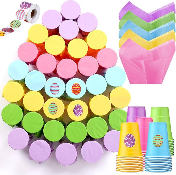 50 Pack Easter Punch Party Game Set Funny Easter Activities Games DIY Prize Punch Box 50 Pcs 16oz Plastic Cup 50 Sheets Tissue Paper 150 Egg Shaped Stickers 100 Rubber Band(Multicolor)