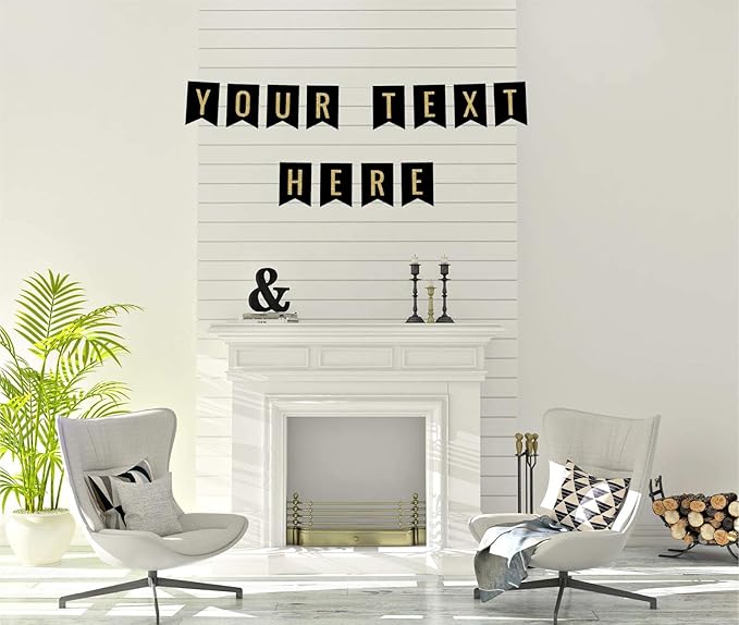 Andaz Press Fully Personalized Faux Gold Glitter on Black Party Banner Decorations, Your Text Here, Approx 5-Feet, 1-Set, Birthday Graduation Anniversary Wedding Colored Hanging Pennant Decor, Custom