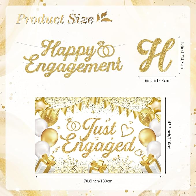 Engagement Party Decorations - Just Engaged Decorations Happy Engagement Banner Backdrop Balloons Hanging Swirls for Congratulations Wedding Bachelorette Party Decorations (White-Gold)