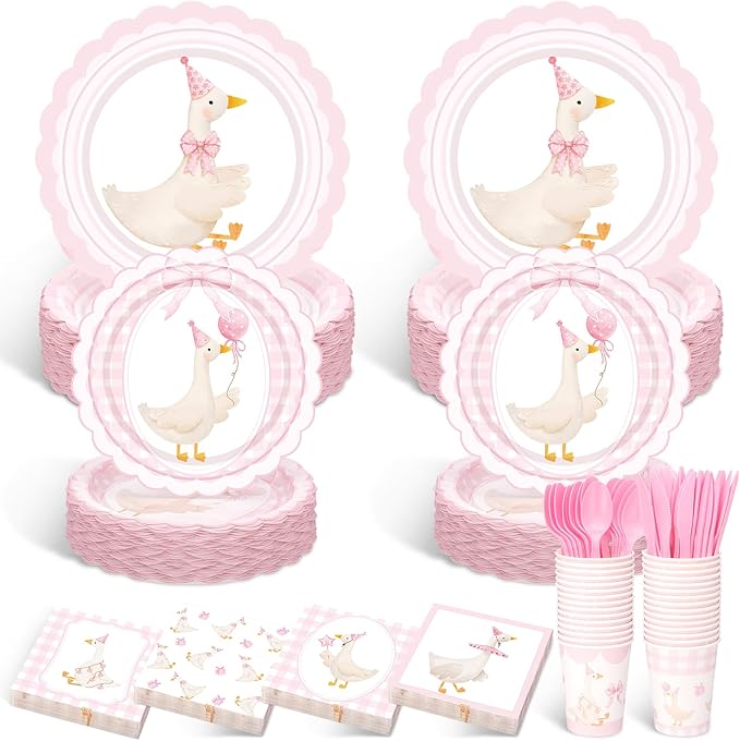 Zhehao 350 Pcs One Silly Goose Birthday Party Tableware Set Scalloped Pink Baby Shower Plates Cup Napkins Forks for Birthday Party Decorations Supplies for 50 Guests