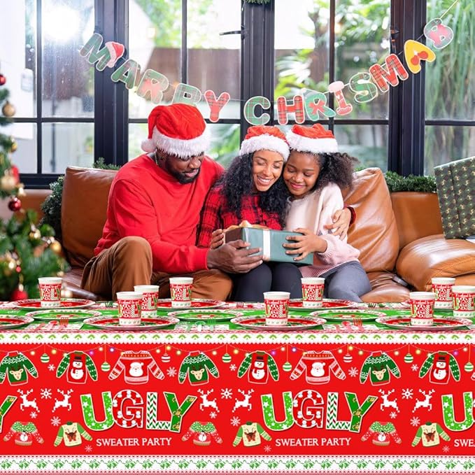194pcs Christmas Ugly Sweater Decorations Xmas Disposable Dinnerware Set with Includes Plates, Cup, Napkin, Tablecloth, Tableware, New Year Ugly Sweater Party Supplies Plates Serve 24 Guests