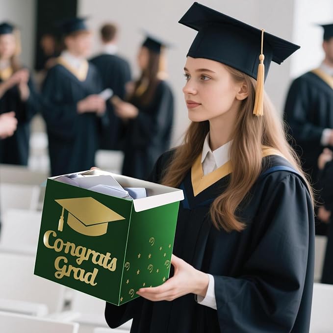 Graduation Card Box Holder, Congrats Grad Foldable Cardboard Decorations Box for Graduation Party Decoration and Grad Parties (Green)