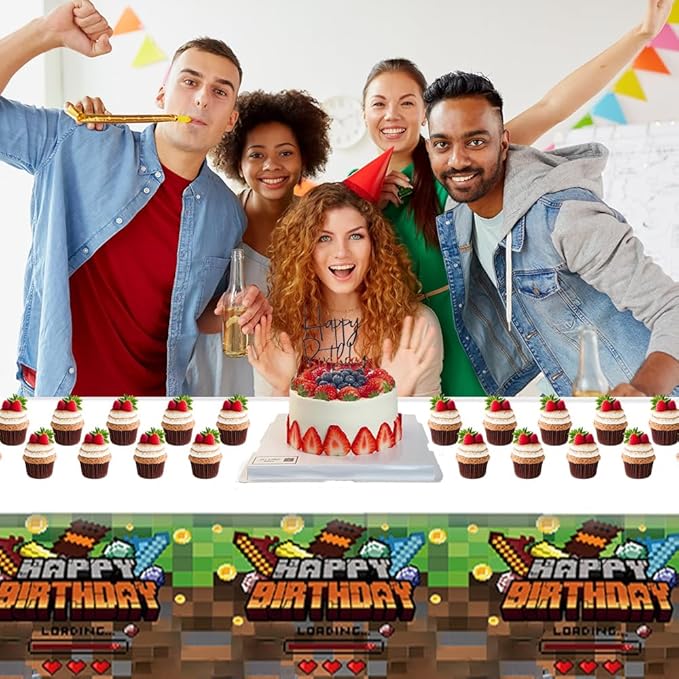 Sandbox Game Theme Tablecloth, 3 Pcs Plastic Disposable Pixel Video Game Tablecovers Supplies Rectangle Sandbox Miner Decorations for Birthday Party, Theme Party (White)