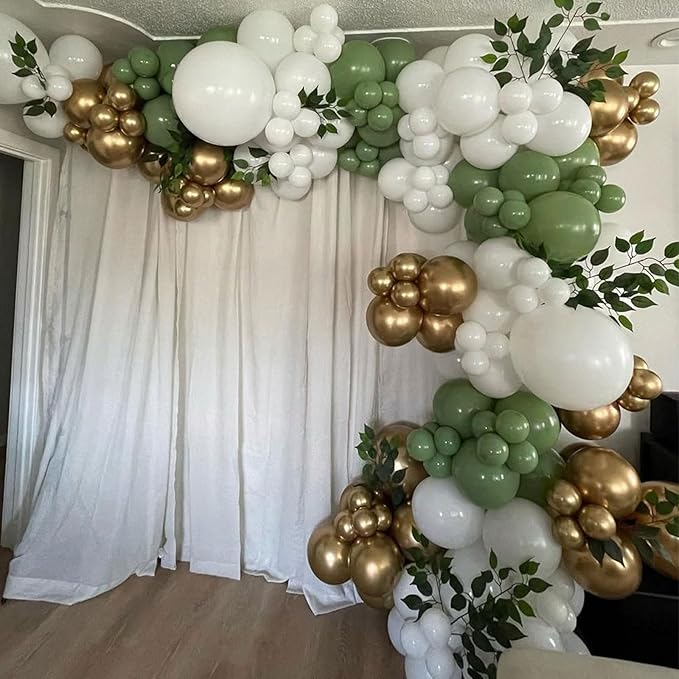 Sage Green White Gold Balloons Garland Arch Kit, 144Pcs 18/12/10/5Inch Sage Green White Metallic Gold and Confetti Latex Balloons for Birthday Baby Shower Engagement Wedding Party Decorations