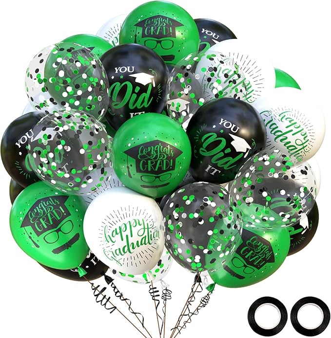 OuMuaMua 75 Pack Graduation Party Decorations Balloons Set - 12 Inch Black Green White Confetti Graduation Balloons with 2 Ribbons for Class of 2026 Congrats Grad Birthday Party Decor Supplies