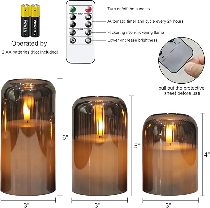 Black Glass Flameless Candles with Remote, Battery Operated Ribbed LED Pillar Candles Flickering Real Wax Candle, 3D Wick with Pumpkin Shape Set of 3 (Φ 3" H 4" 5" 6")