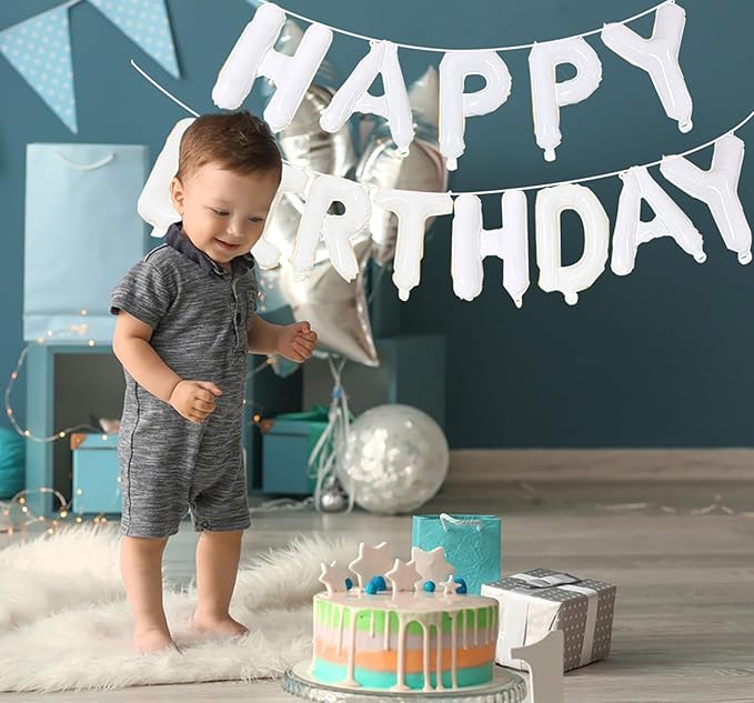 KALOR White Happy Birthday Balloons Banner, 16 Inch Mylar Foil Letters Balloon Sign for Birthday Party Decorations Photo Booth Backdrop