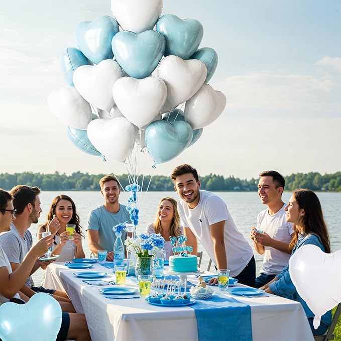 TONIFUL 30Pcs 18 Inch Light Blue White Heart Balloons Pastel Blue Heart Shape Foil Mylar Banners Decoration for Birthday Valentine's Day Wedding Bridal Shower Anniversary Engagement Party Supplies