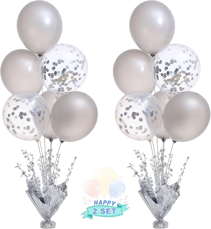 2 Set Silver Balloon Centerpieces for Tables Silver Balloons Stand Kit for Birthday Party Baby Shower Wedding Bridal Shower Retirement Engagement Graduation Prom Table Decorations