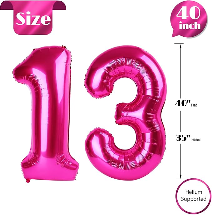 13 Balloon Number, Hot Pink Number 13th 31th Birthday Balloons 40 Inch, 13 or 31 Years Old Hot Pink Birthday Decorations for Boys Girls, 13th Anniversary Decorations