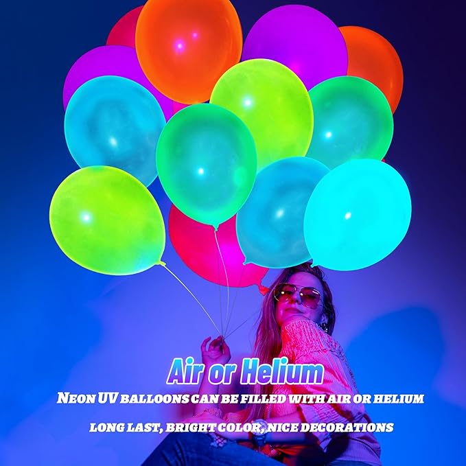 150 Pcs UV Neon Balloons, 7 Colors Blacklight Reactive Fluorescent Balloons Glow in the Dark Birthday Decorations for Birthday, Wedding, Neon Party, Glow Party Decorations Supplies