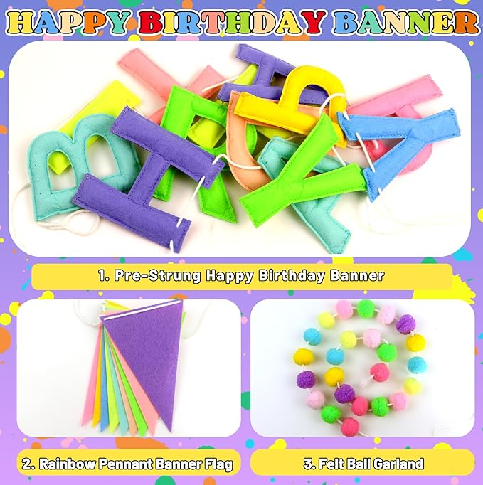 Happy Birthday Banner Decorations - Pre-Strung 3D Felt HAPPY BIRTHDAY Sign for Party Decor | Rainbow Reusable Happy Birthday Garland, Ball, Pennant Flag (2-Macaron)