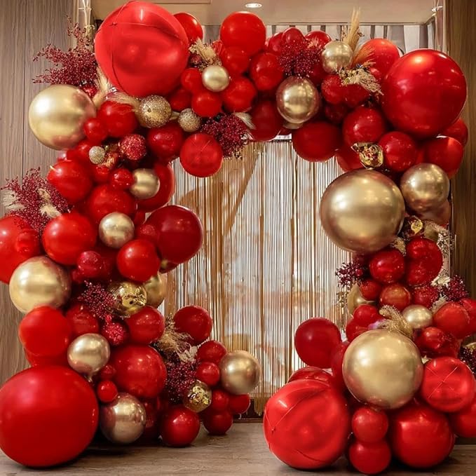 Red and Gold Balloon Garland Double Stuffed Ruby Red Gold Balloons Arch Kit With Mylar Balloon for Birthday Wedding Engagement Baby Shower Anniversary Party Decoration