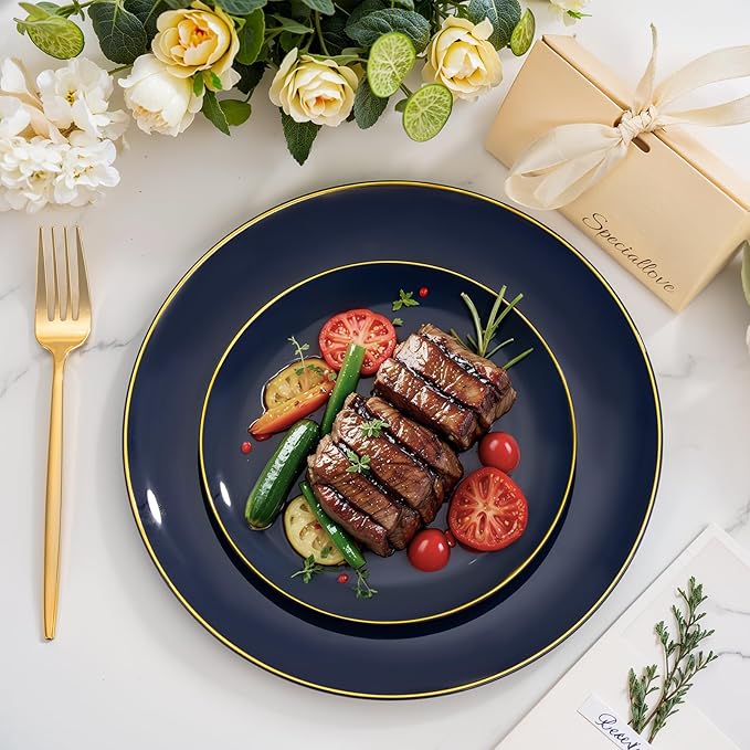bUCLA 150PCS Blue and Gold Plastic Plates - 25 Guests Navy Blue Plastic Dinnerware Disposable for Party and Passover - Include 25 Dinner/Dessert Plates, 25 Knives, 25 Forks, 25 Spoons, 25 Cups