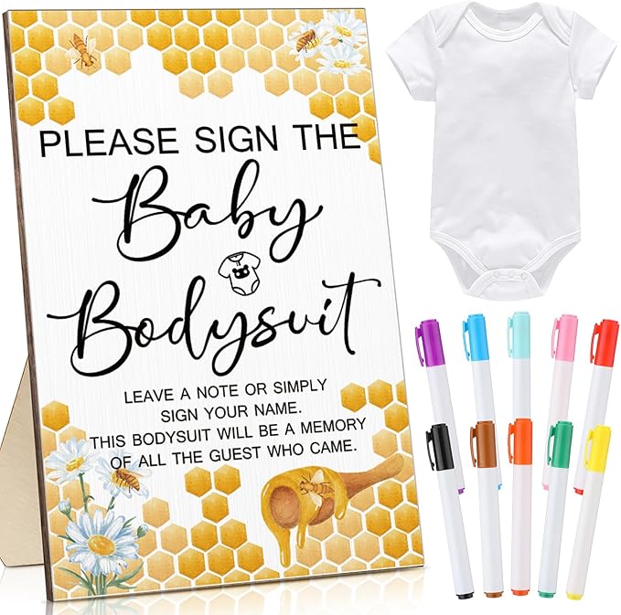 Qunclay 12 Pcs Baby Shower Game Decor with White Unisex Bodysuit Wooden Sign Tabletop Decor and Marker for Guests(Bee)
