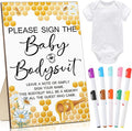 Qunclay 12 Pcs Baby Shower Game Decor with White Unisex Bodysuit Wooden Sign Tabletop Decor and Marker for Guests(Bee)