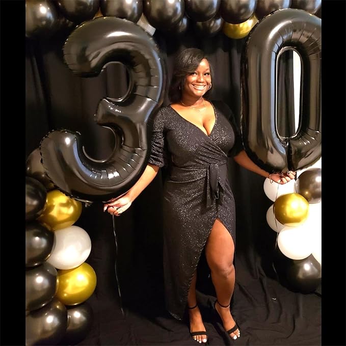 Black Number 30 Balloons, 40 Inch Black Mylar Foil Number 3 & 0 Balloons for Women, Self Inflating 30th Birthday Balloons for 30 Year Old Men Anniversary Birthday Party Decorations Supplies