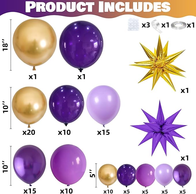 Purple Balloons Garland Arch Kit, Dark Purple Lavender Light Pastel Balloon Metallic Gold Balloons and Explosion Star Foil Balloons for Women Birthday Wedding Party Decorations Supplies